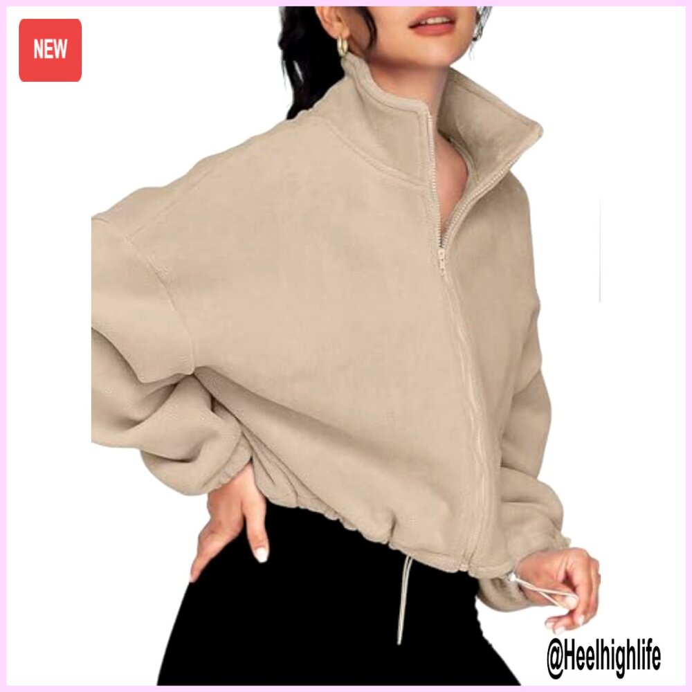 Oversized Fleece Jacket, Full Zip Crop Sweatshirt, Winter Warmth - Picture 4 of 5